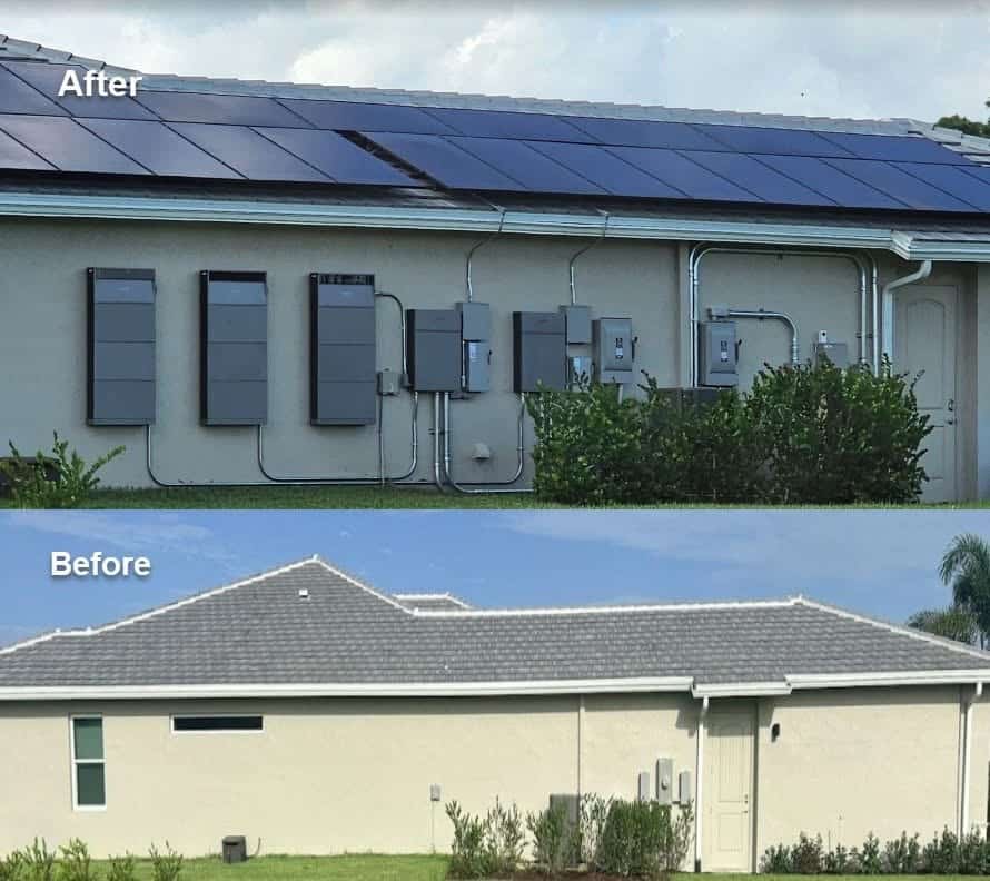 Before and after: PowerSol USA residential solar plus Anker home battery install — roof solar array and three wall-mounted Anker battery units with conduit and electrical gear.